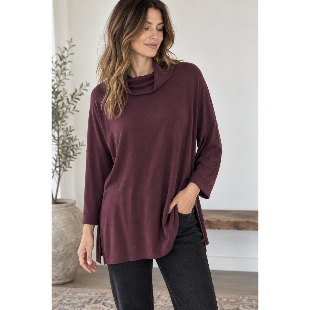 Eileen Fisher Womens XL Plum Tencel Lyocell Funnel Neck Tunic Top F19TTU